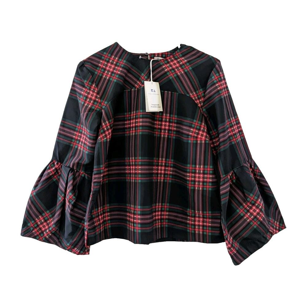 New Free Assembly Women's Long Bell Sleeve Plaid Blouse Top Size XS Multicolor